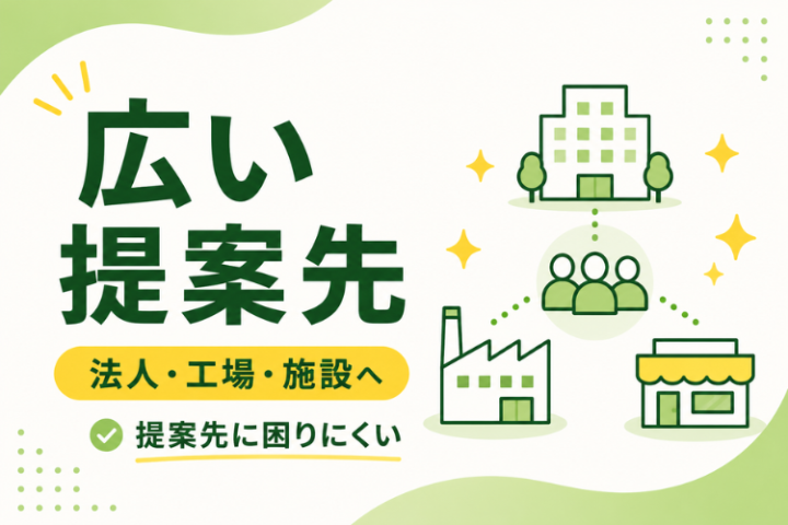 一般家庭や法人・工場など訴求ター ゲットが限定されていないため、提案 先に困りにくいこともポイントです!